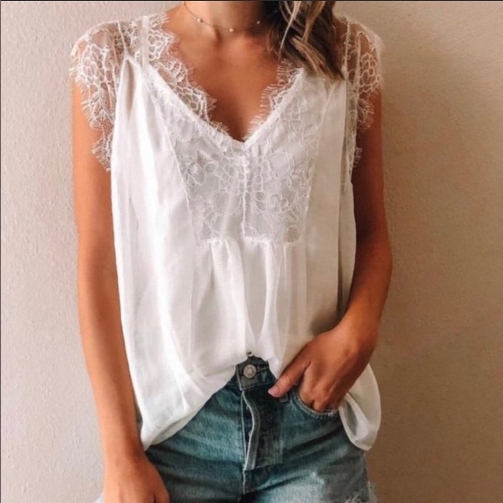 NWT White Chiffon Lace Blouse - Picture 4 of 9